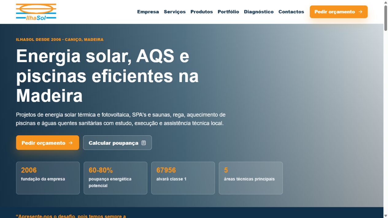 Página inicial do website Ilhasol